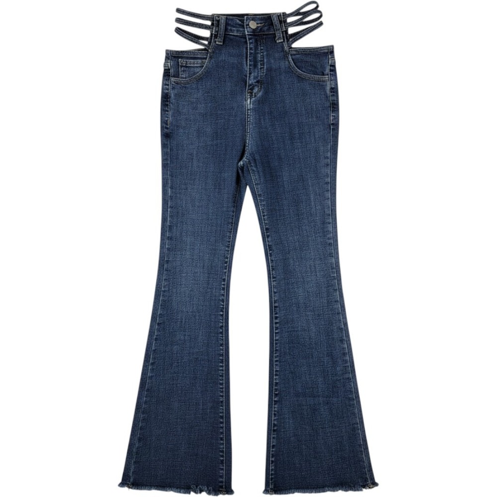 Genmany High Waist Cut Out Flare Jeans Women Medium Blue Raw Hem Strappy Waist
